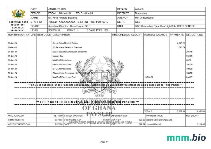 Ghana Controller and Accountant General' s Department payslip template in Word and PDF formats